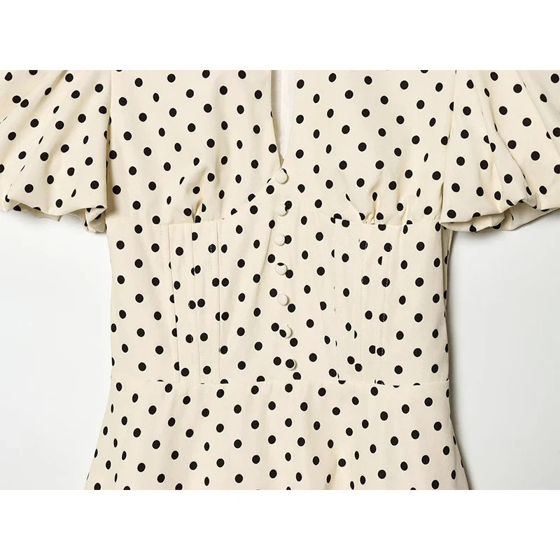 YENKYE European And American French Puff Sleeve Polka Dot Mini Dress Women A-line Slim Summer Elegant Vintage Dresses Daily Wear