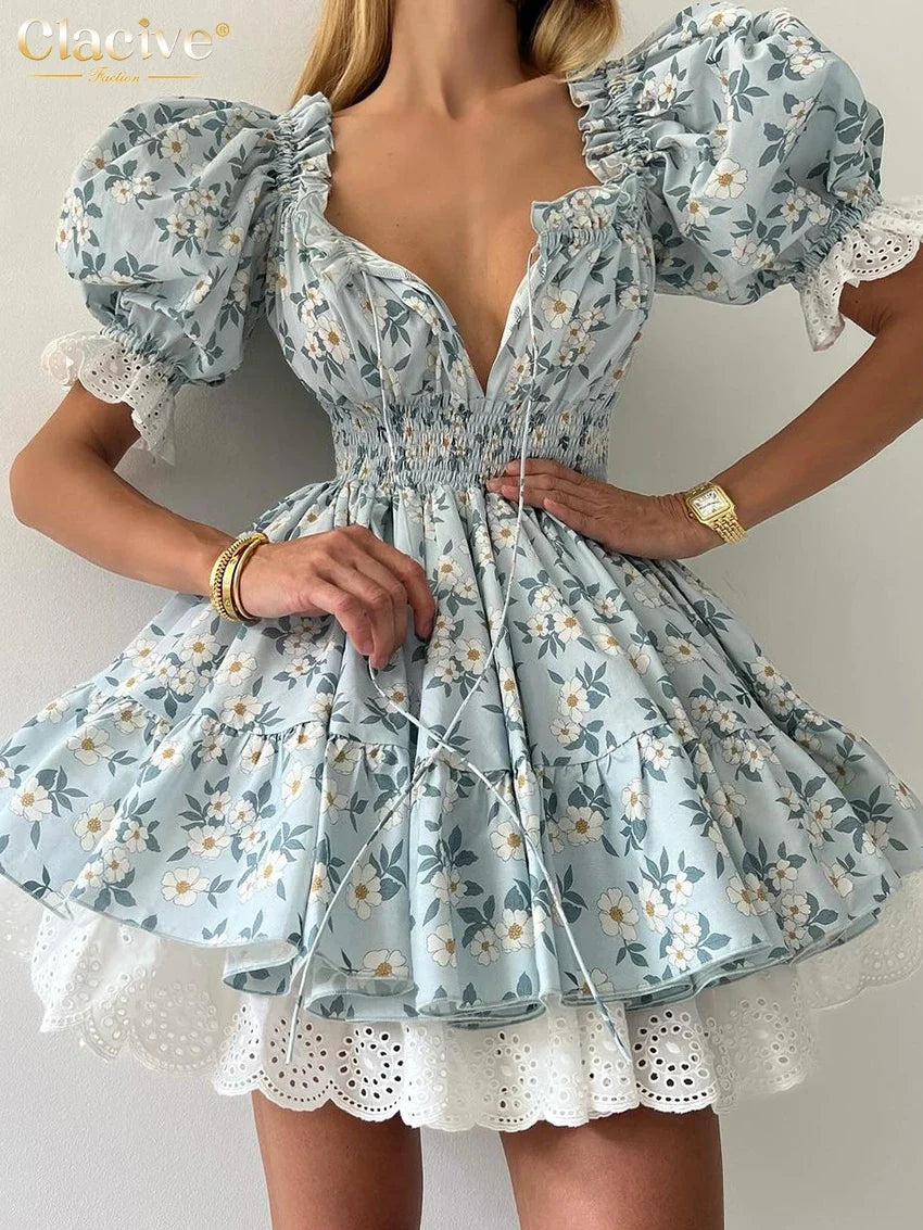 Clacive Summer Slim Print Women's Dress Fashion Slash Neck Short Sleeve Mini Dresses Elegant High Waist Patchwork Female Dress
