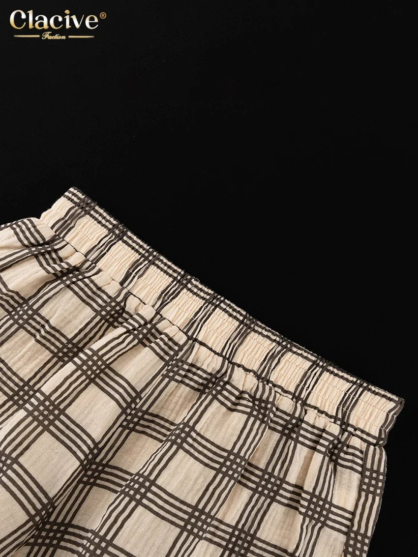 Clacive Fashion Loose Plaid Cotton Shorts Sets For Women 2 Piece Elegant Long Sleeve Shirt + Tube Top With High Waist Shorts Set