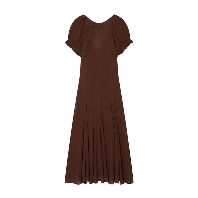 YENKYE 2026 New Women's Brown V Neck Short Sleeve Dress High Waist A Line Elegant Casual Summer Dresses Holiday Vestidos