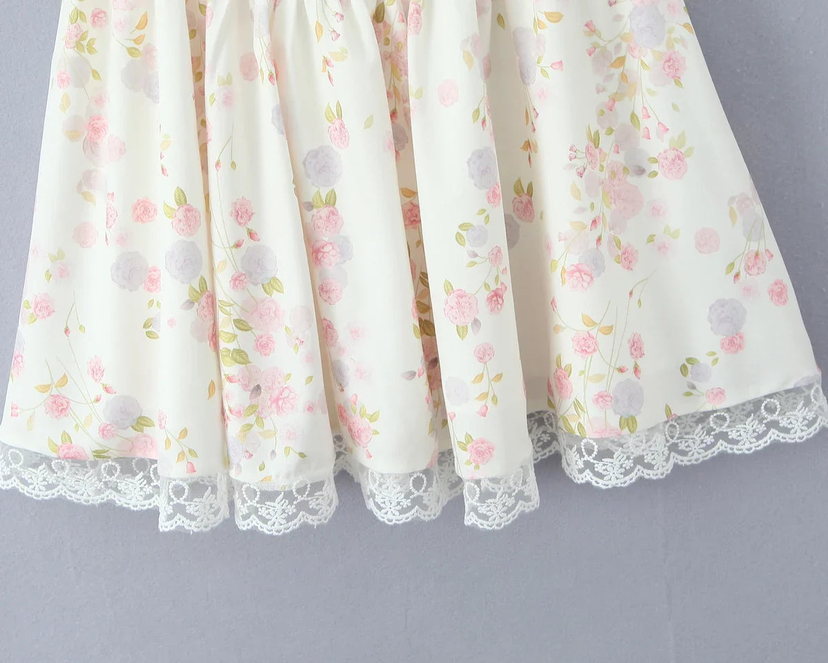 2025 Sexy Floral Print Spliced Lace Collar Corset style Lacing up Sling Dress Women Wood ears Low Waist Swing Mini Dresses Robe