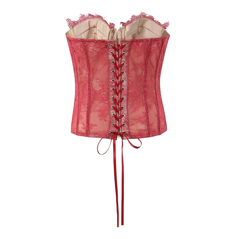 YENKYE 2026 New Women's Burgundy Lace Strapless Corset Top Lacing Up Bandage Back Sexy Crop Top For Club Party