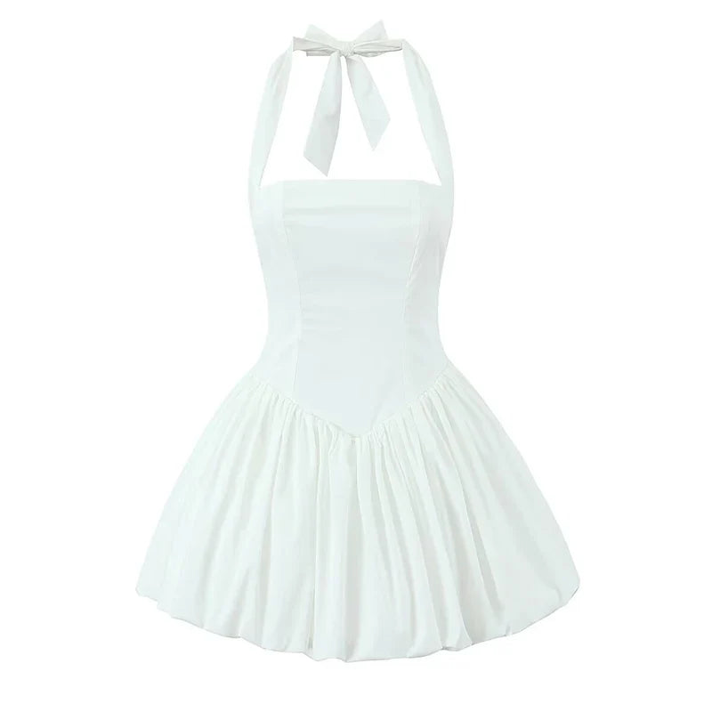 YENKYE Sexy Backless Pleated Hem Halter Ball Gown Dress Women Lace Up Back White Black Elegant Party Mini Dresses Summer Robe