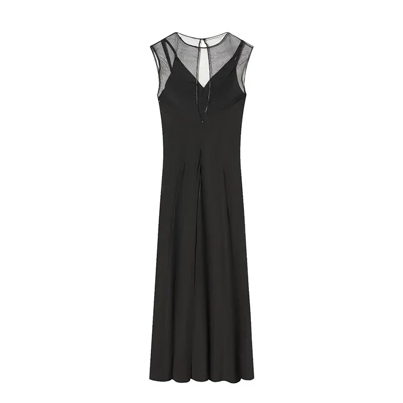 YENKYE Sexy Semi-Sheer Elegant Black Long Dress Women O Neck Sleeveless A-line Party Maxi Vestidos