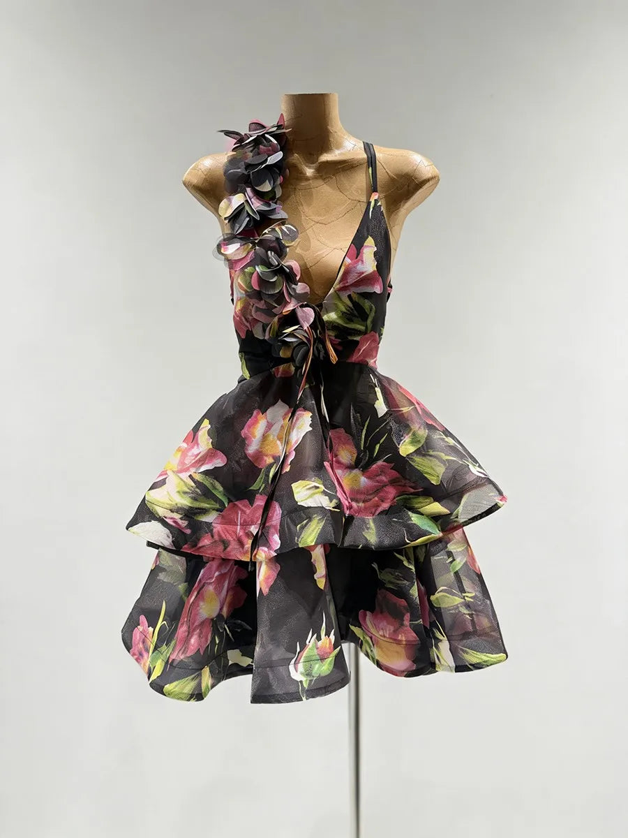TWOTWINSTYLE Printing Spliced 3D Flower Sexy Dresses for Women V Neck Sleeveless Backless Patchwork Ruffles Fashion Dress Female