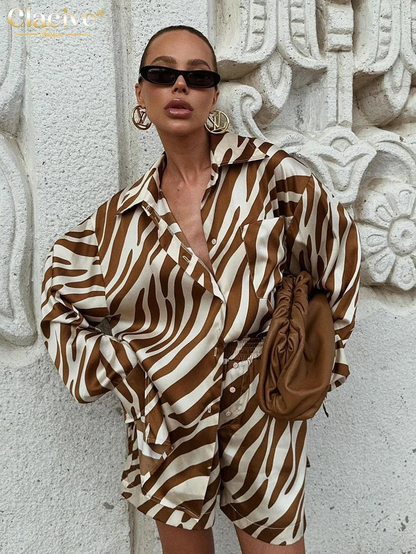 Clacive Fashion Loose Stripe Print 2 Piece Sets Women Outfit 2024 Elegant Long Sleeve Shirt With High Waist Shorts Set Female