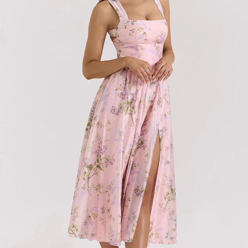 YENKYE Pink Floral Print Sexy Backless Sleeveless Dress Women Low Waist Sexy Slit A-line Midi Long Holiday Summer Dresses 2025