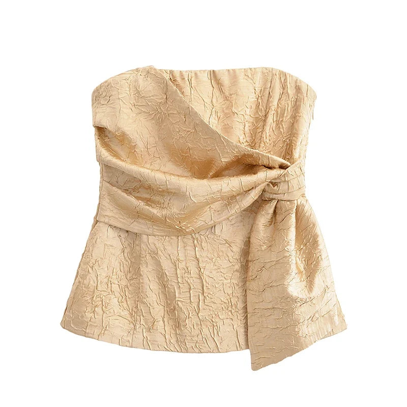 YENKYE New Fashion Women Front Knot Wrinkled Satin Strapless Tops Chic Party Crop Top Streetwear ropa de mujer 2025