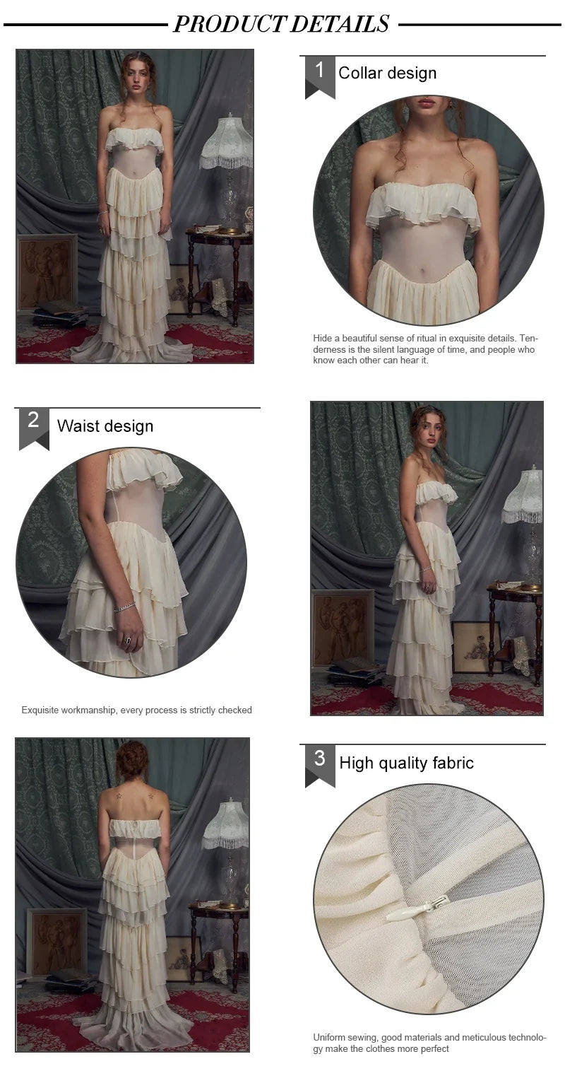 VC Sets For Women 2 Pieces Elegant And Pretty Lace-Up Corset And Slash Neck Long Cake Dress Set Chiffon Female Clothing