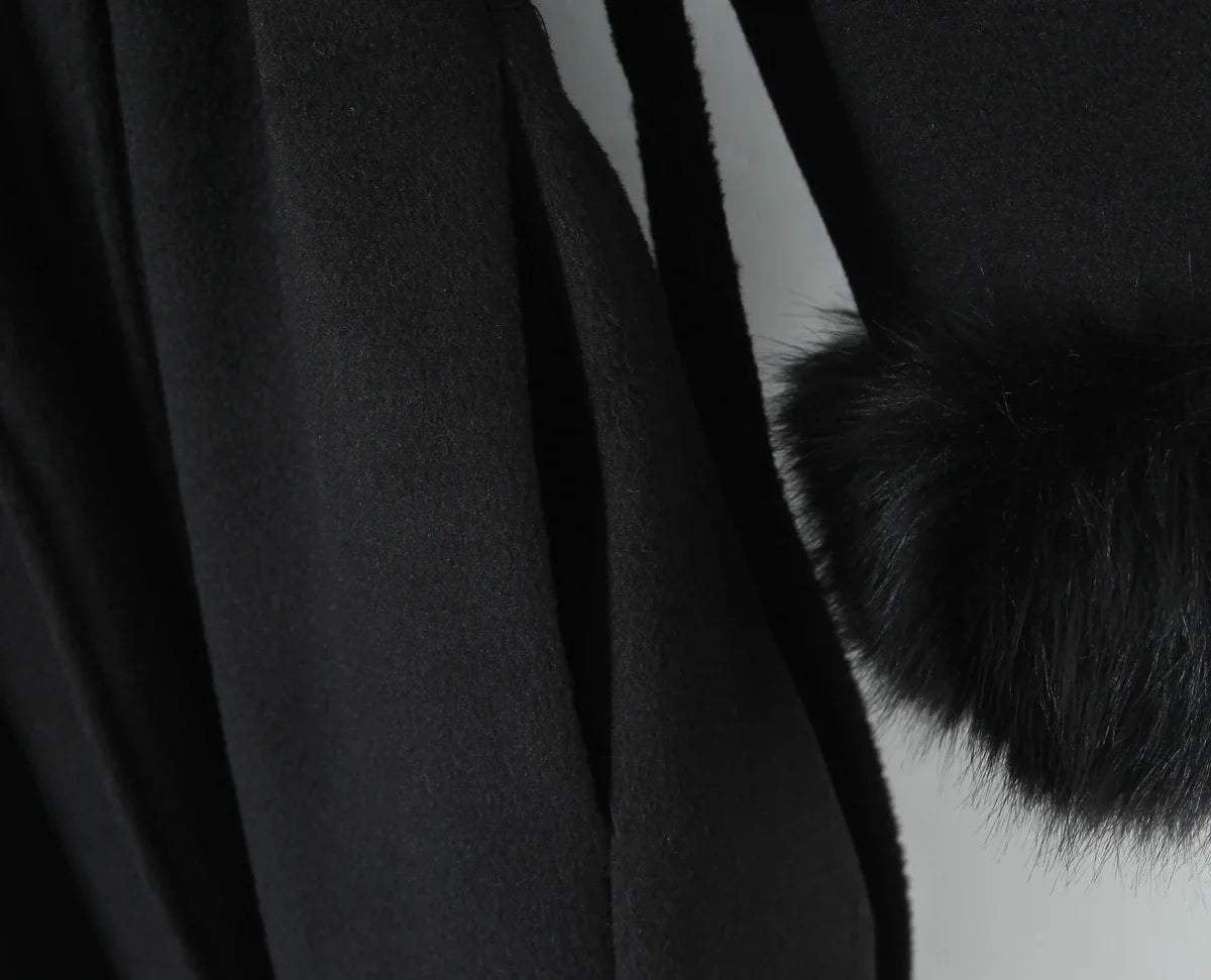New Autumn Winter Black Shaggy Faux Fur Lapel Collar Woolen Coat Women Bow Sashes Long Sleeve No Button Midi Trench Outerwear