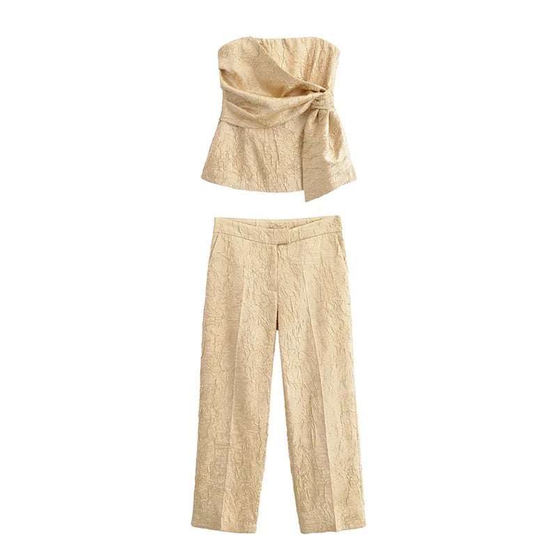 YENKYE New Fashion Women Front Knot Wrinkled Satin Strapless Tops Chic Party Crop Top Streetwear ropa de mujer 2025