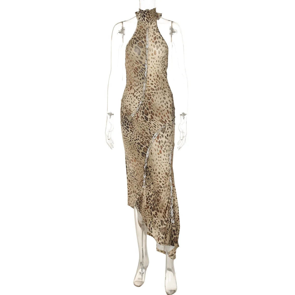Cryptographic Fashion Halter Leopard Sexy Backless Maxi Dress Women Club Outfits Bandage Embellished Long Dresses Robe Clothes