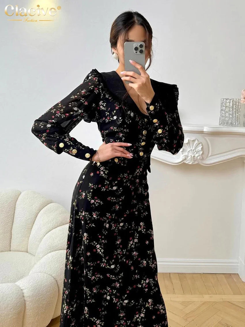 Clacive Fashion Slim Print Women's Dress 2025 Vintage Lapel Long Sleeve Ankle Length Dresses Elegant Classic Patchwork Female Dr