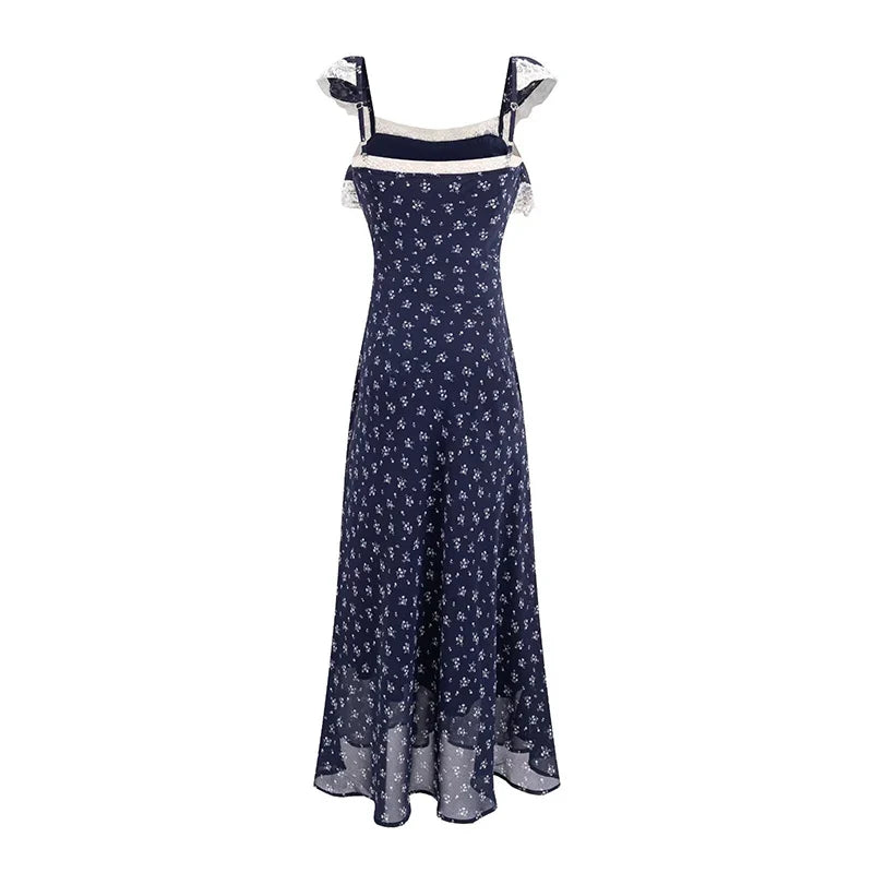 YENKYE Vintage French Style Women's Red Floral Print Dress Lace Ruffle Spaghetti Strap Flowy Vacation Dresses Summer Robe