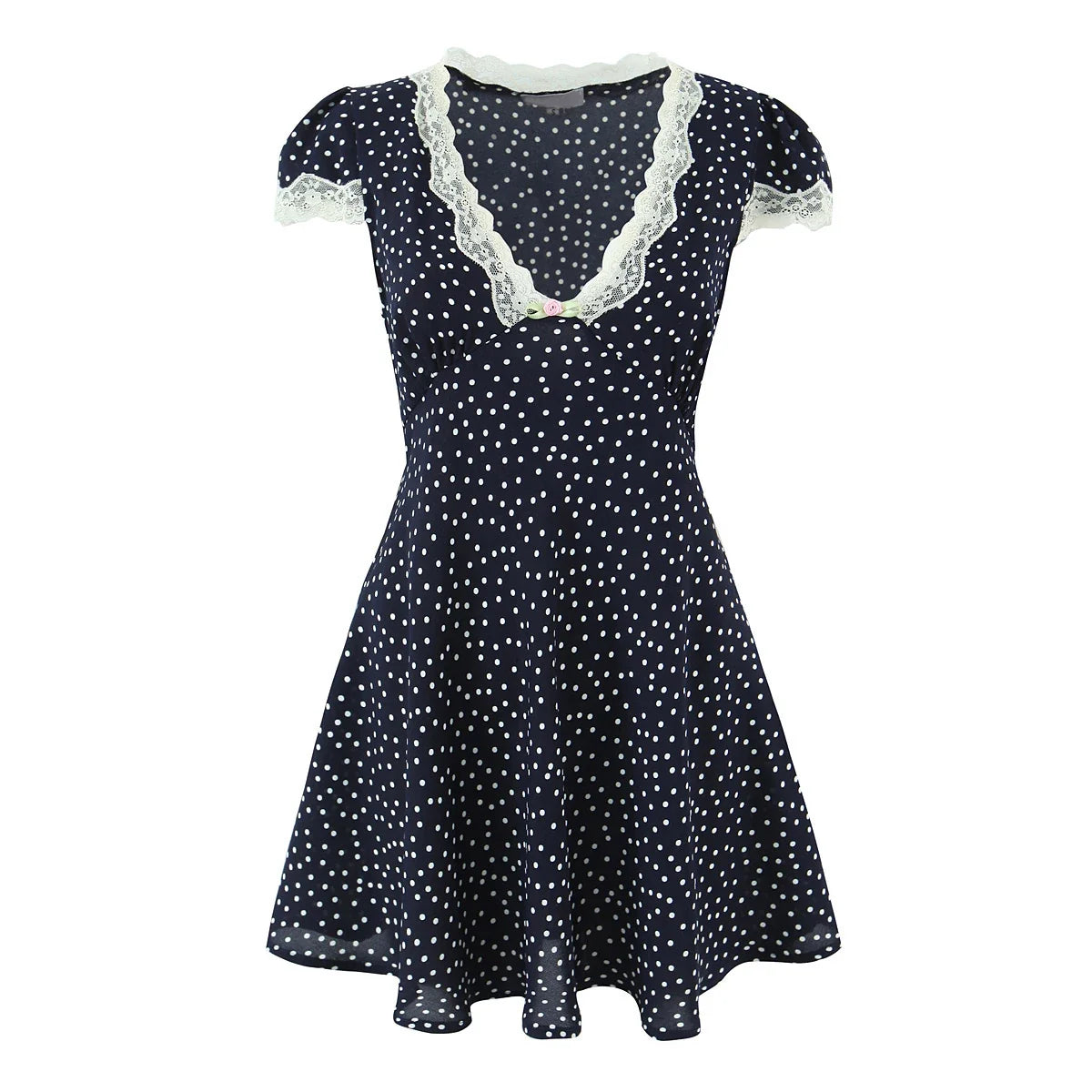 YENKYE 2026 New Women Navy Blue Polka Dot Mini Dress Lace Trim V-Neck Puff Sleeve A-line Summer Dresses Holiday Vestidos