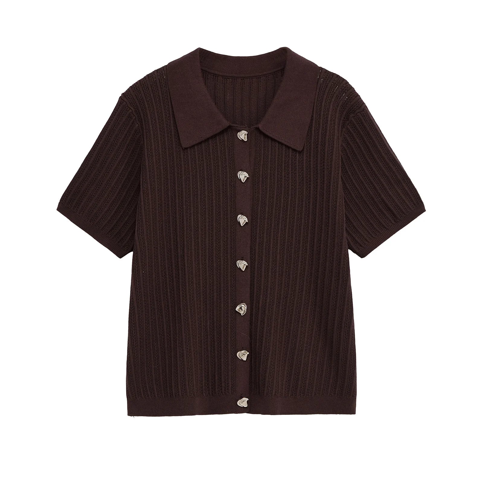 YENKYE Front Button Brown Hollow Out Knit T Shirt Women Short Sleeve Lapel Collar Female Summer Tees Casual  Lady Shirts 2025