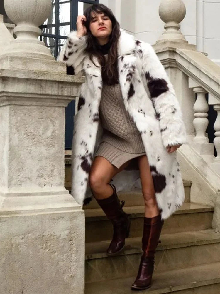 DEAT Fashion Tie Dye Faux Fur Coat Women's Lapel Loose Long Sleeves Plush Thick Overcoat Winter New 7A1355