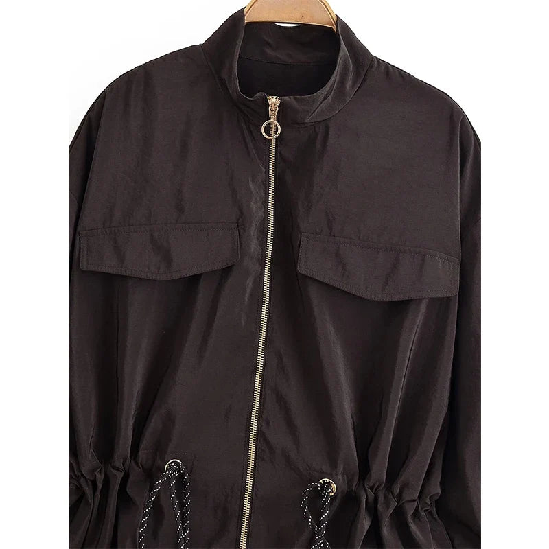 YENKYE Adjustable Drawstring Waist  Safari Jacket For Women Long Sleeve Stand Collar Autumn Coat Female Streetwear