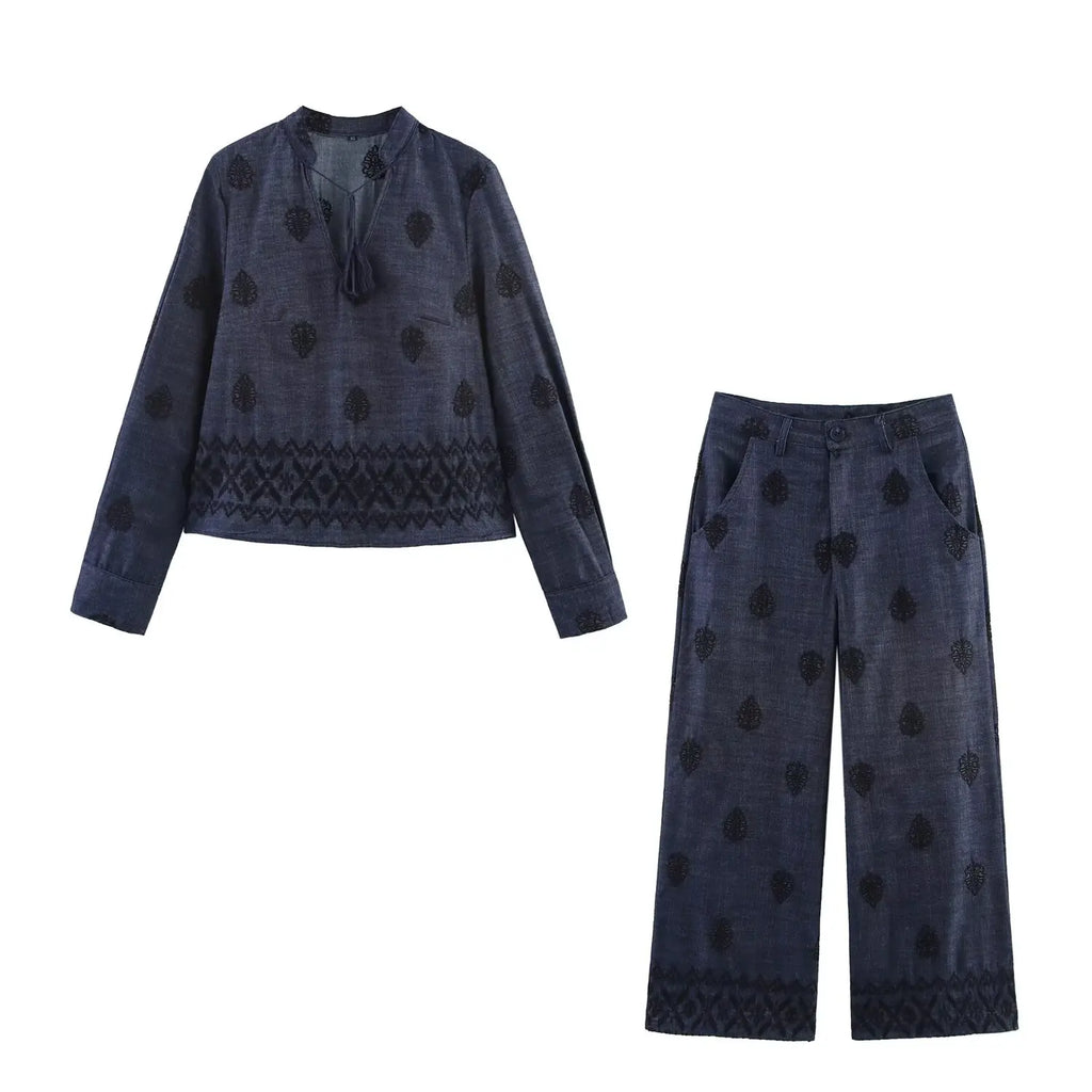 YENKYE New 2025 Women High Waist Embroidery Wide Leg Pants Patch Pockets Vintage Casual Female Trousers pantalones de mujer