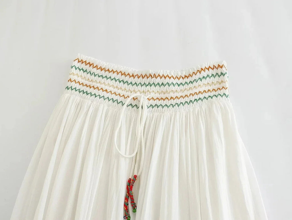 Foridol Marine Organism Embroidery Batwing Sleeve Summer Spring Maxi Skirt Set Cotton White Tassle Dress Set Outfits Button Suit