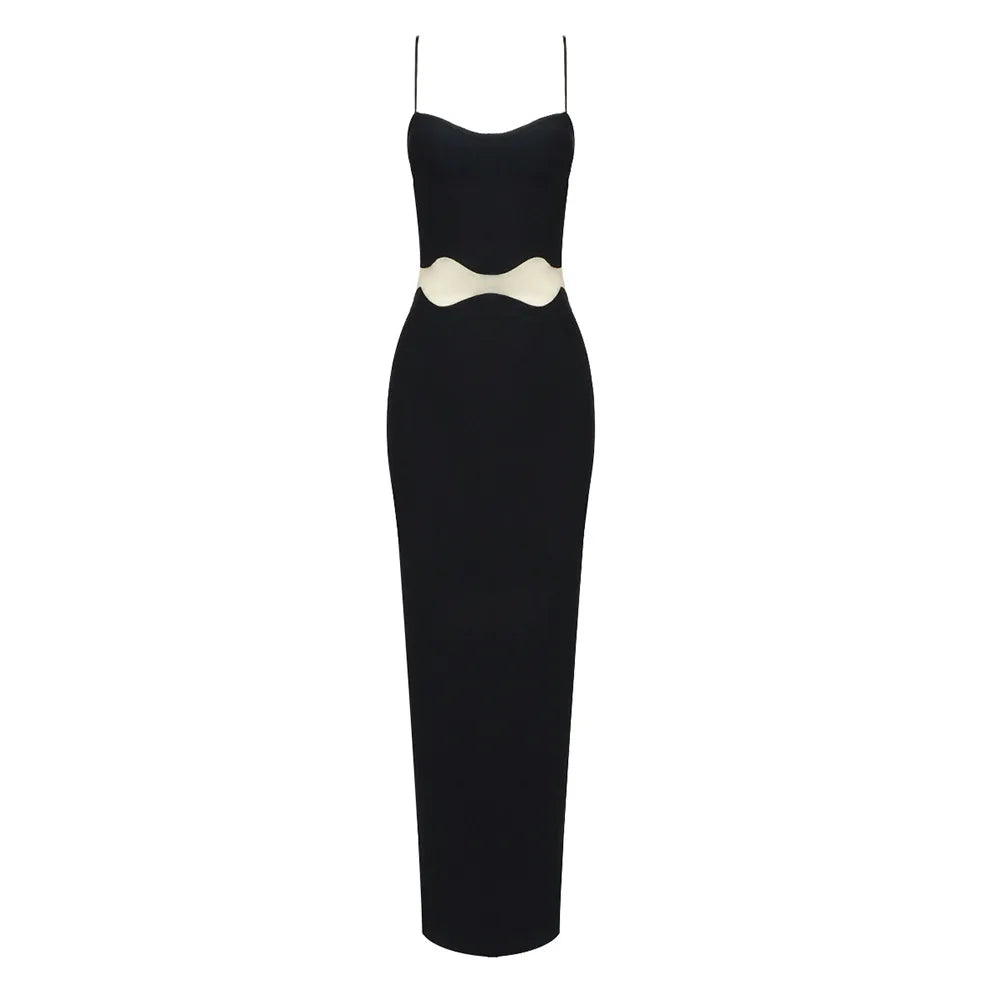 VC Fashion Sexy Black & White Strappy Sleeveless Maxi Dress with Sheer Design for Party Prom Evening Gown