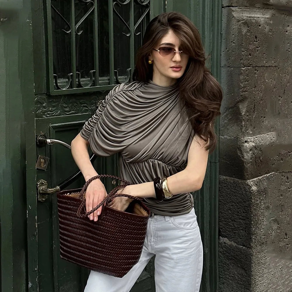 Cryptographic Fashion Ruched Asymmetrical Tops for Women Outfits Sexy Solid Sleeveless Chic Tops T-shirts Slim Summer Clothes