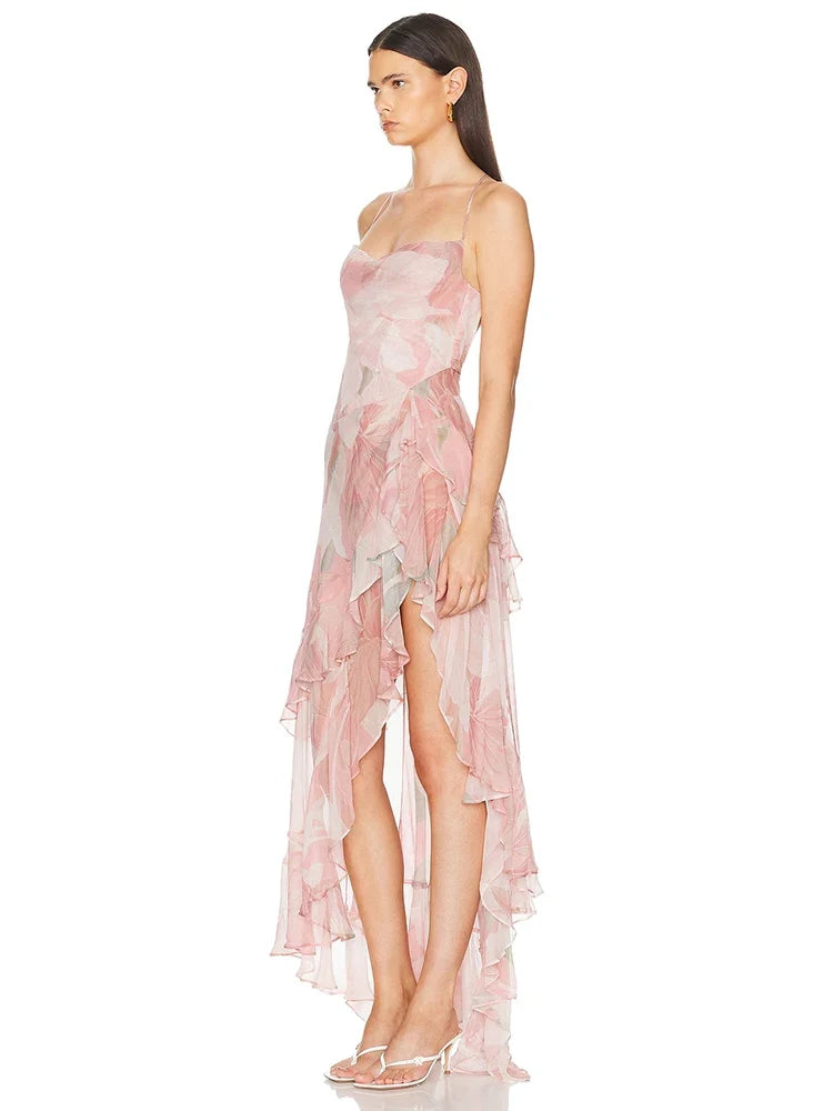 Summer Sexy Spaghetti Strap Printed Ruffles Long Dress Women Pink Sleeveless Backless Flower Dresses Holiday Party Sundress