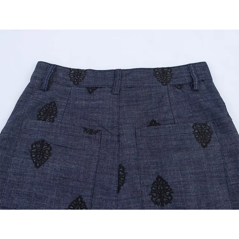 YENKYE New 2025 Women High Waist Embroidery Wide Leg Pants Patch Pockets Vintage Casual Female Trousers pantalones de mujer