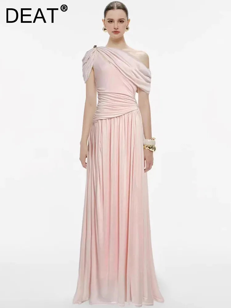 DEAT Elegant Dress Asymmetrical Pleated Long Hollow Out Solid Color Women's Evening Party Dresses 2026 Spring New Tide 35Z4129