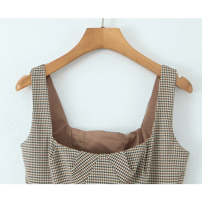 YENKYE 2025 Women Versatile Slim Brown Plaid Tight Corset Top Lacing Up Bandage Back High Street Summer Tank Top
