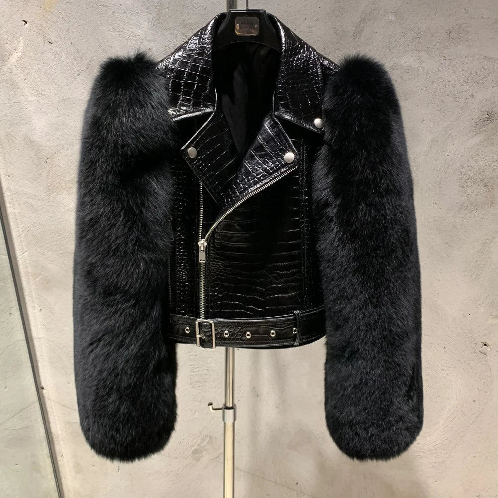 Women Leather Jacket Fur Sleeve Lady Jackets Leather Fur Fox Sleeve Ladies Biker Jacket Leather with Real Fur Sleeve 952-36
