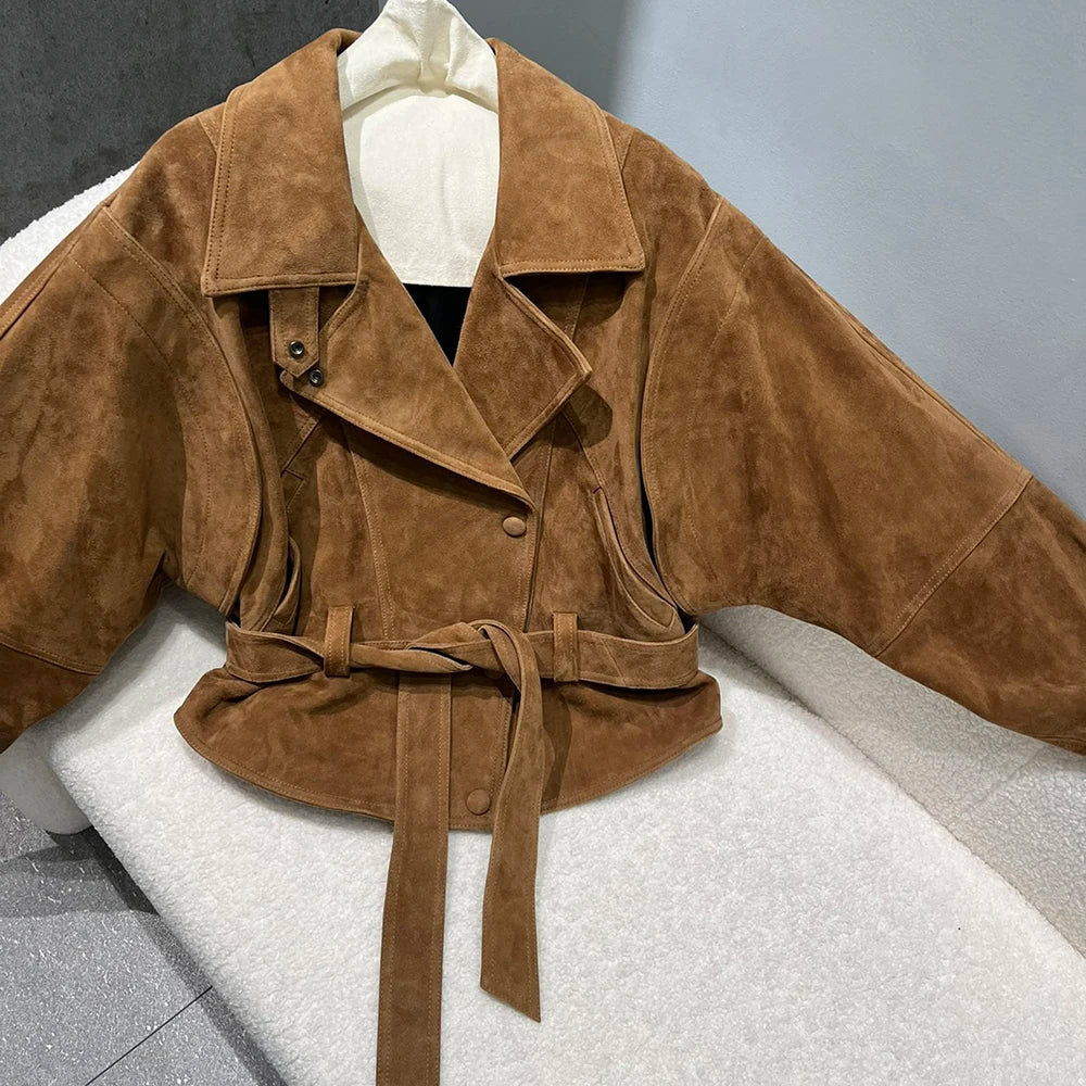 YOLOAgain Single Breasted Vintage Suede Jacket Women With Belt Oversized Real Leather Jacket Female