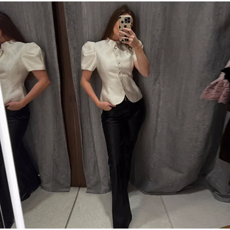 Fashion Street Ruffle Women's Blouse Solid Single Breasted Full Sleeve Pleated Cropped Shirt Lady New Casual Spring Clothing