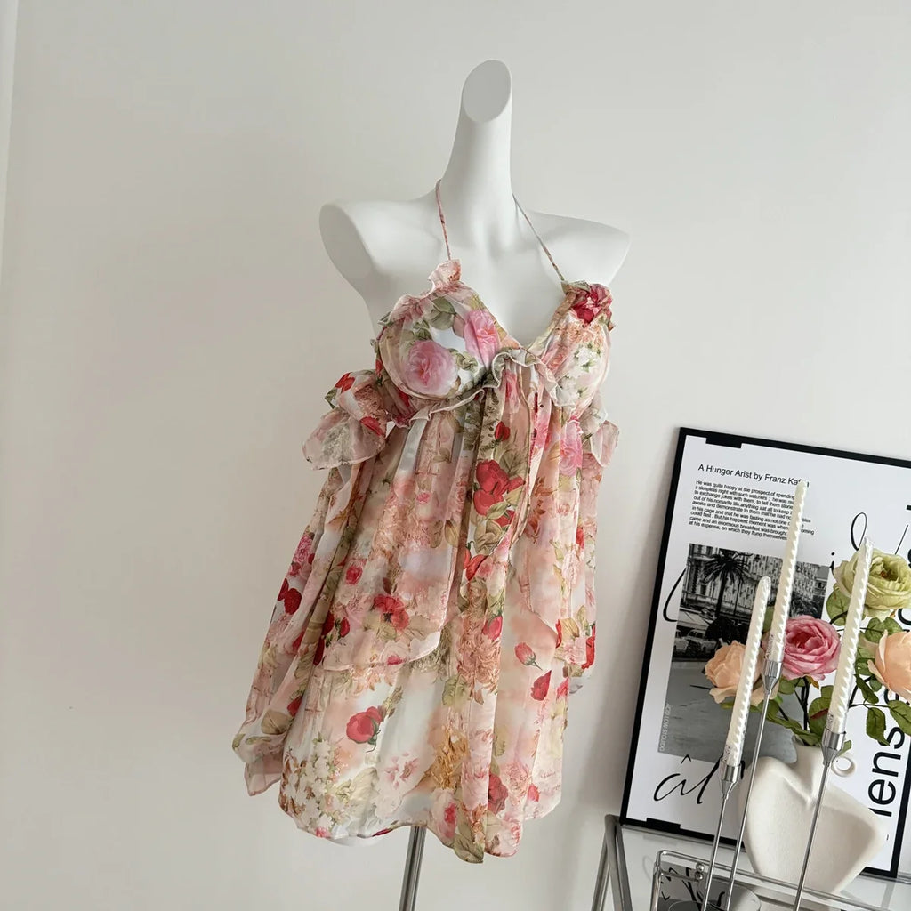 Summer French Vintage Mini Fairy Chiffon Floral Lantern Sleeve Dress Women Mori Romantic Frock Evening Court One-Piece Gyaru New