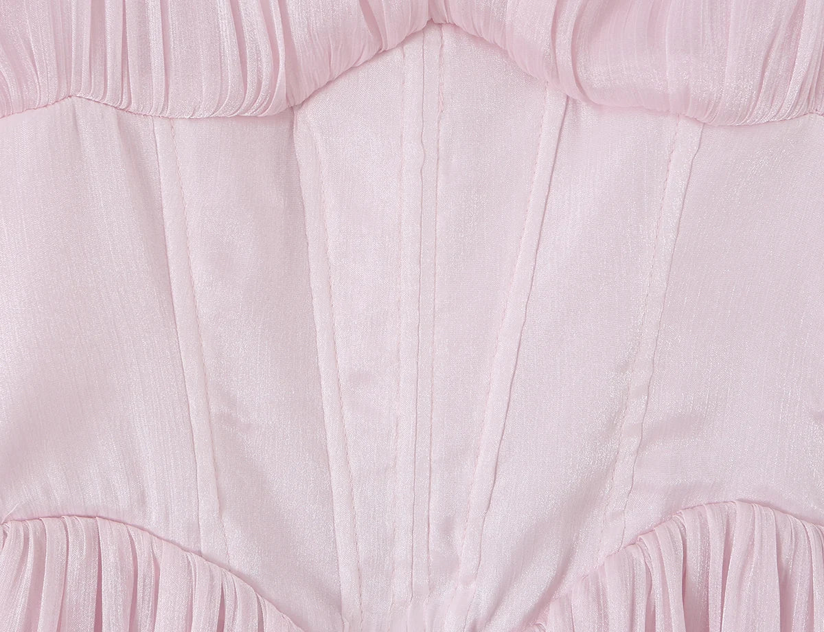 CHIC Women Bight Pink Ruched Chest Puff Long Sleeve Dress Boning Low Waist Cross Bandage Lacing Up Back Short Dresses Robe