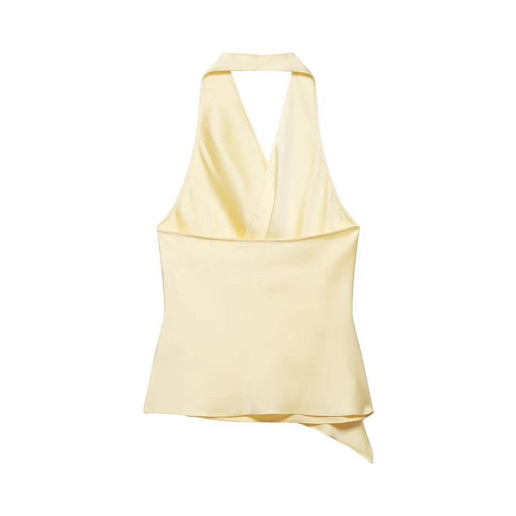 4 colors Sexy Ruched Cross Front Satin Halter Tank Top Women One Button Side Asymmetric Camisole Camis Crop Tee Brown Lavender