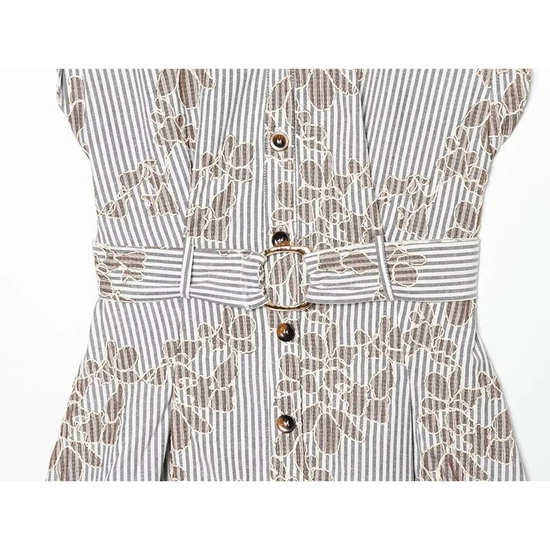YENKYE 2026 Women Embroidery Striped Short Dress Sleeveless Front Button With Belt Shirt Dresses Office Casual Summer Vestidos