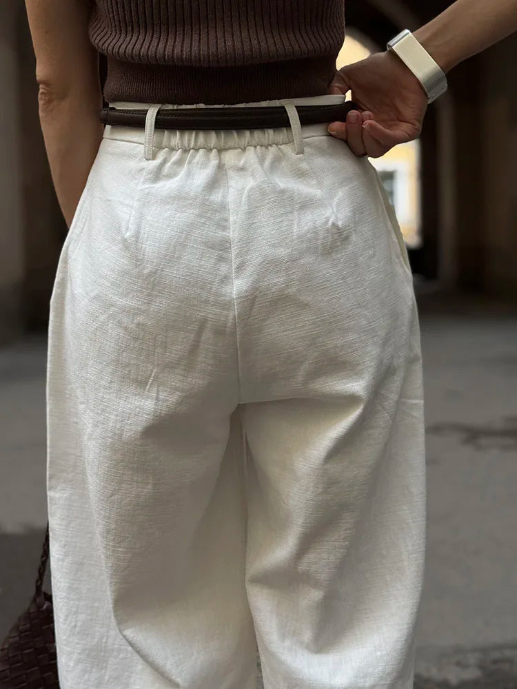 White Cotton Linen Pants Women Wide Leg Formal Trousers Summer Straight Leg Suit Pants High Waist Ladies Formal Pants Loose