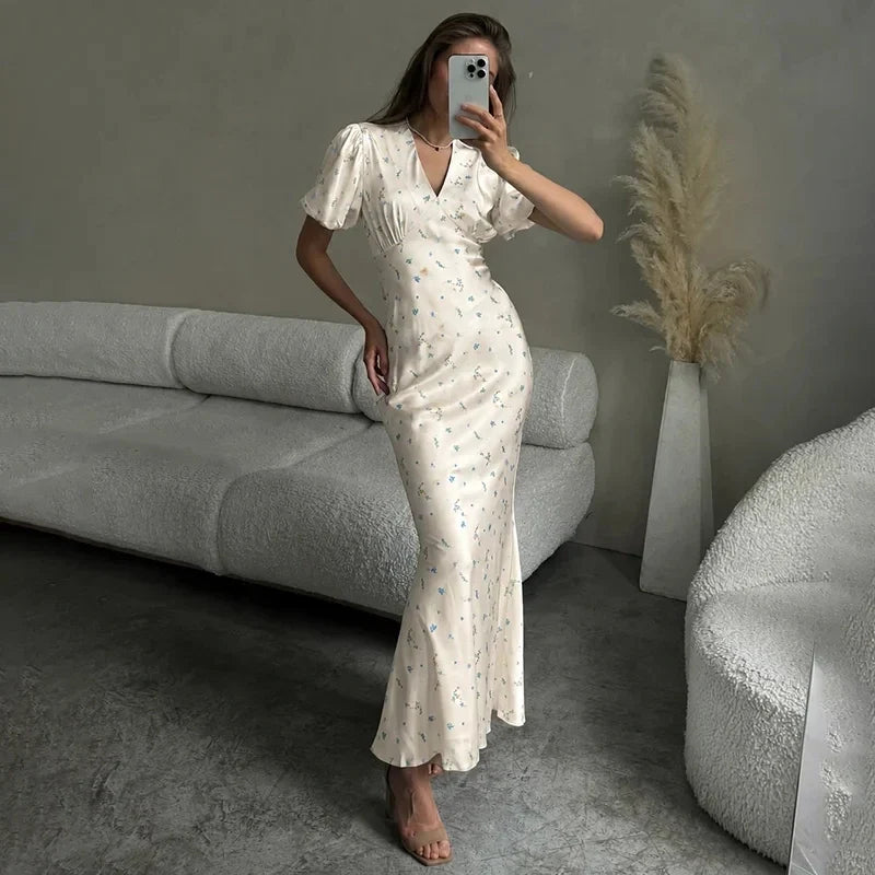 TARUXY Stylish Printed Maxi Dress Women Elegant Slim V-Neck Short-Sleeve Evening Dress Summer New Casual Commuter Female Dress