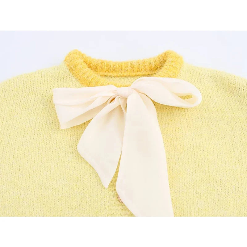 YENKYE 2025 Women Single Breasted Bow Knit Cardigan Long Sleeve O Neck Casual Autumn Outerwear Short Coat