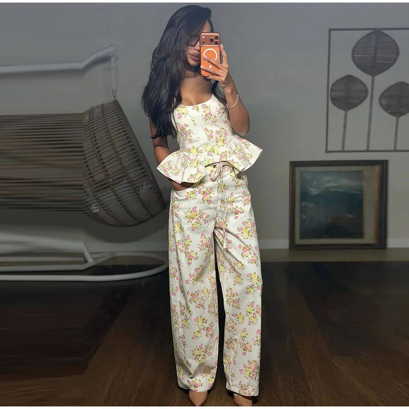 Floral Print Women's Pants Set Sleeveless Crop Top Matching High Waist Wide Leg Trousers 2-Piece Co-ord Spring Woman Outfit