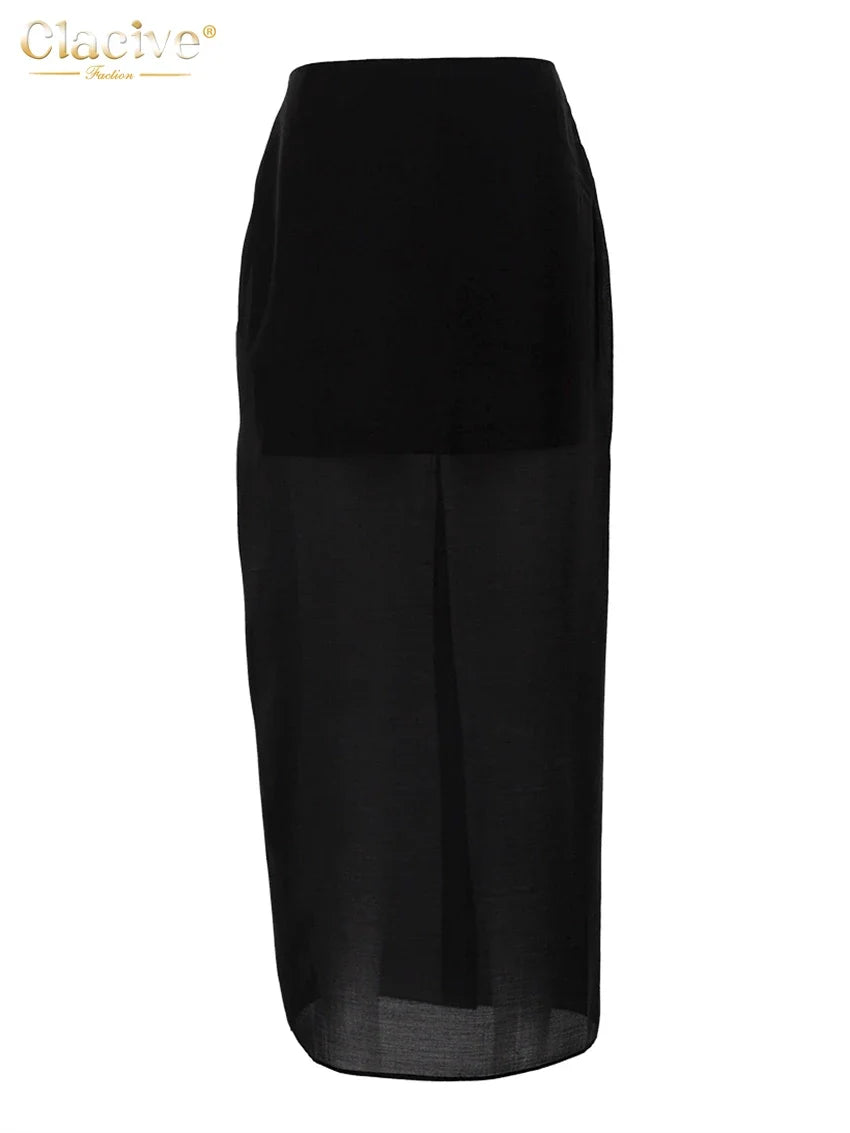 Clacive Fashion Loose Balck Women Skirt Casual High Waist Ankle Length Skirts Elegant Classic Mesh Spliced Skirt Female Clothing