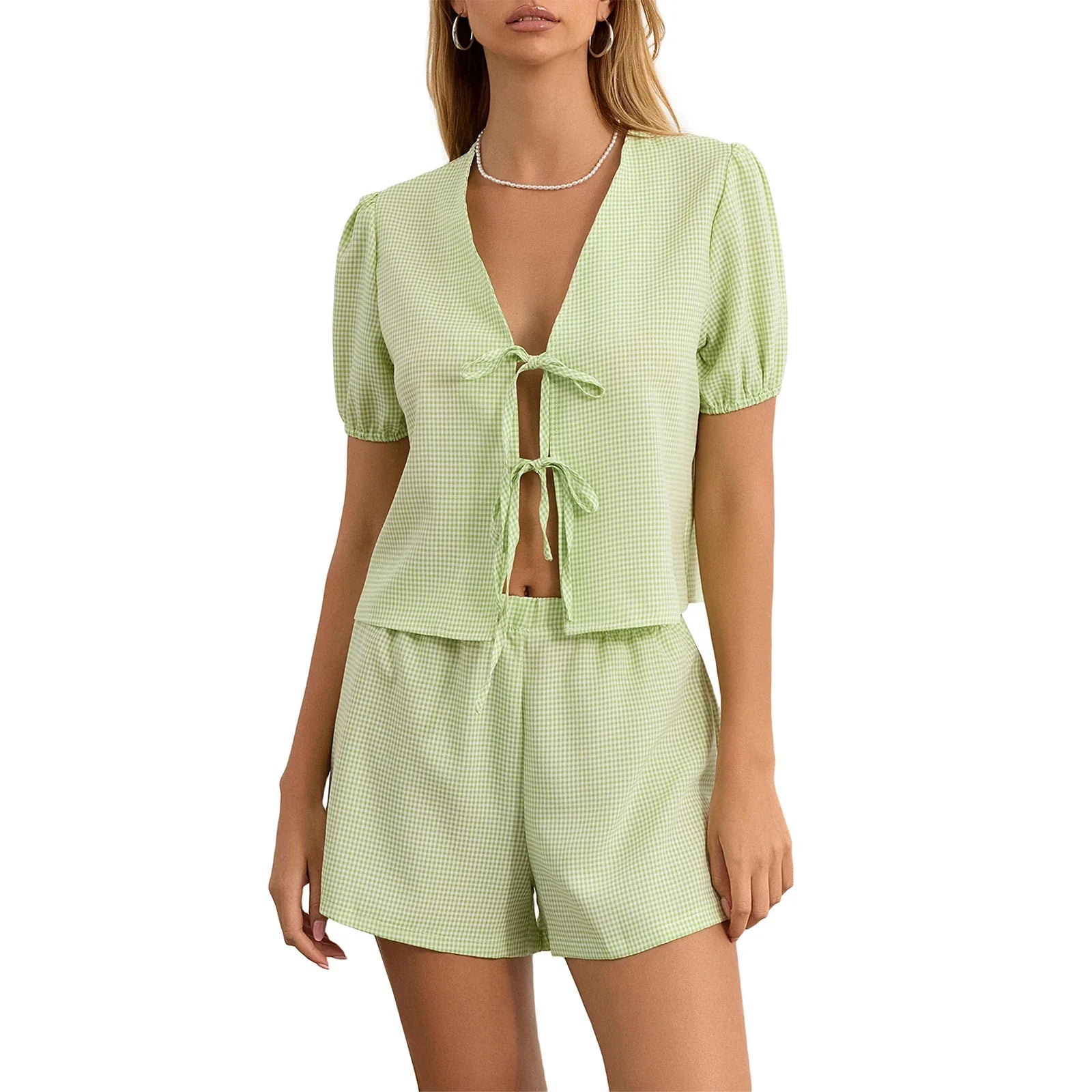 Maemukilabe Y2K Vintage Plaid Outfit Loose V Neck Puff Sleeve Front Tie-Up Blouse Top + Shorts Women 2 Piece Lounge Matching Set