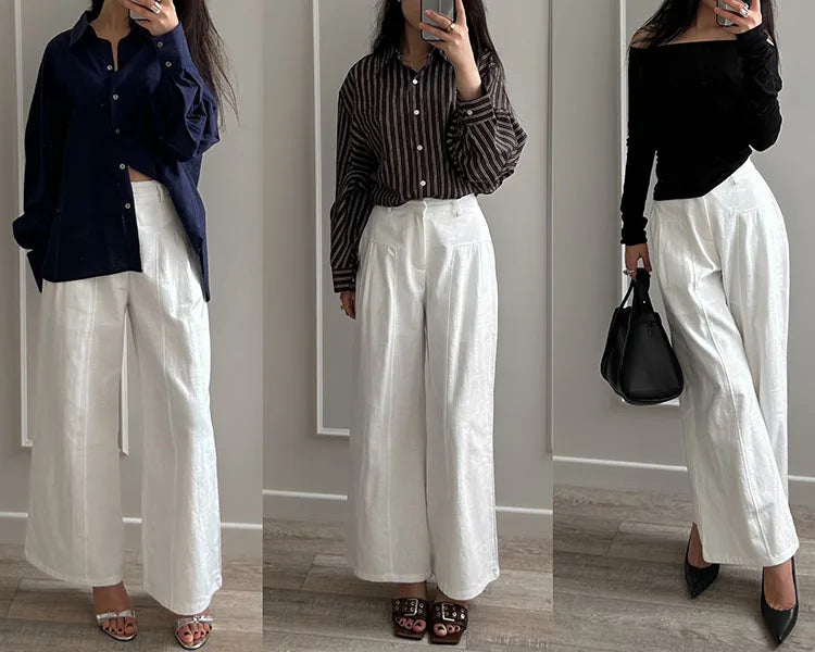 White Cotton Linen Pants Women Wide Leg Formal Trousers Summer Straight Leg Suit Pants High Waist Ladies Formal Pants Loose