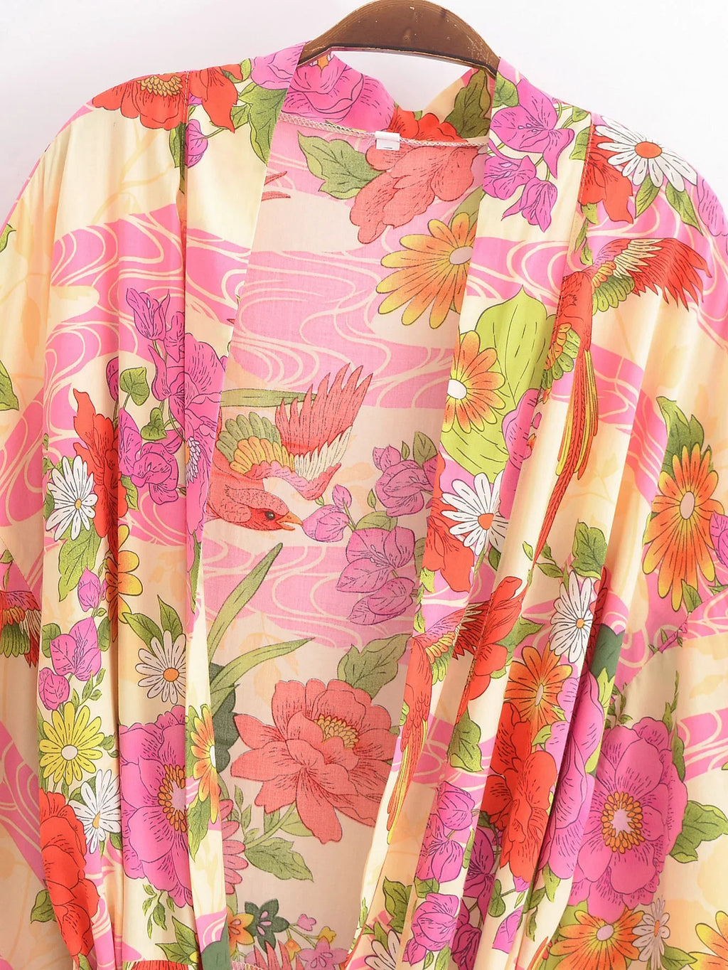 2024 BOHO Orange Flower Bird Print Long Kimono Shirt Ethnic Lacing up Sashes Midi Long Holiday Cardigan Robe Loose Blouse Tops