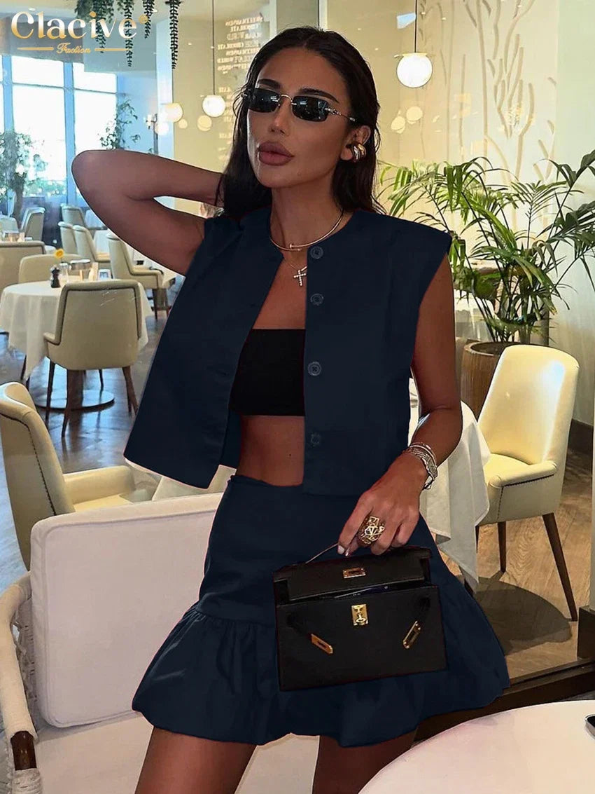 Clacive Summer Loose Red Cotton Women's Two Pieces Set 2025 Fashion Sleeveless Tank Top With High Waist Mini Skirt Set Female