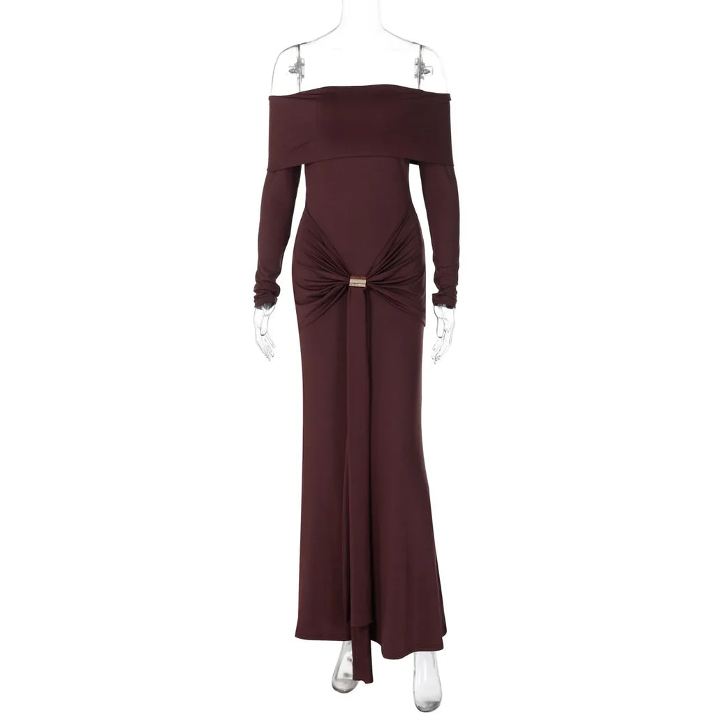 Cryptographic Elegant Off Shoulder Ruched Maxi Dress Women Party Club Outfits Autumn Long Sleeve Bodycon Dresses Gown Clothes