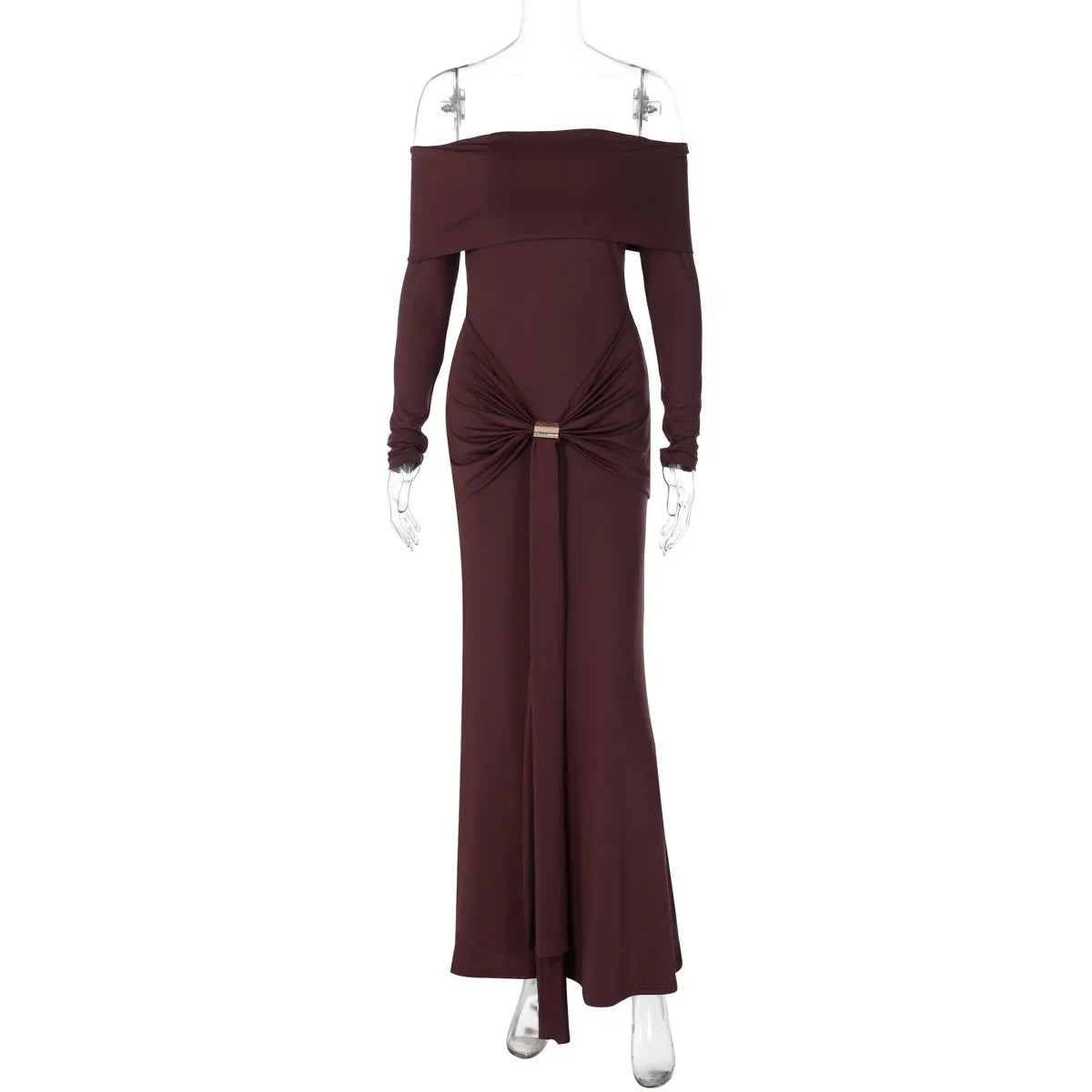 Cryptographic Elegant Off Shoulder Ruched Maxi Dress Women Party Club Outfits Autumn Long Sleeve Bodycon Dresses Gown Clothes
