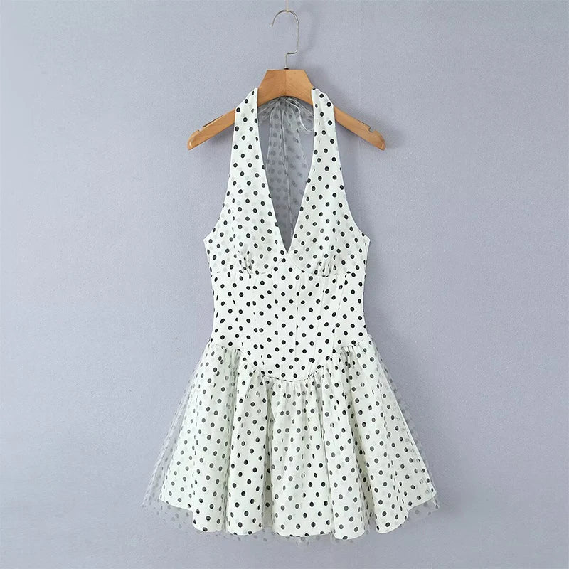 YENKYE Summer 2026 Women White Polka Dot Mini Dress Sexy Backless Halter Mesh Hem Beach Vacation Dresses French Style Robe