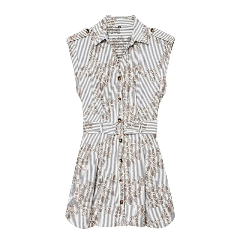YENKYE 2026 Women Embroidery Striped Short Dress Sleeveless Front Button With Belt Shirt Dresses Office Casual Summer Vestidos